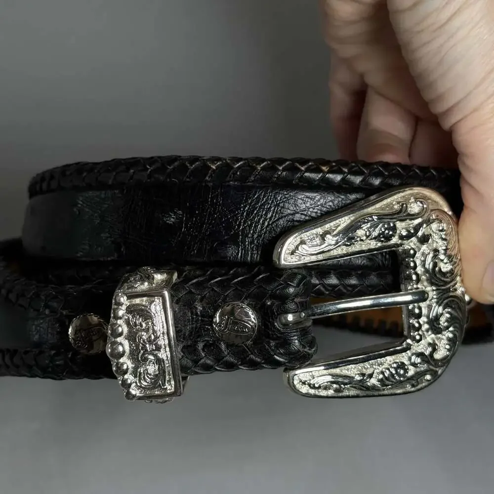 Justin Western Leather Belt Size 36 Black Silver Tooled Buckle Conchos Cowboy